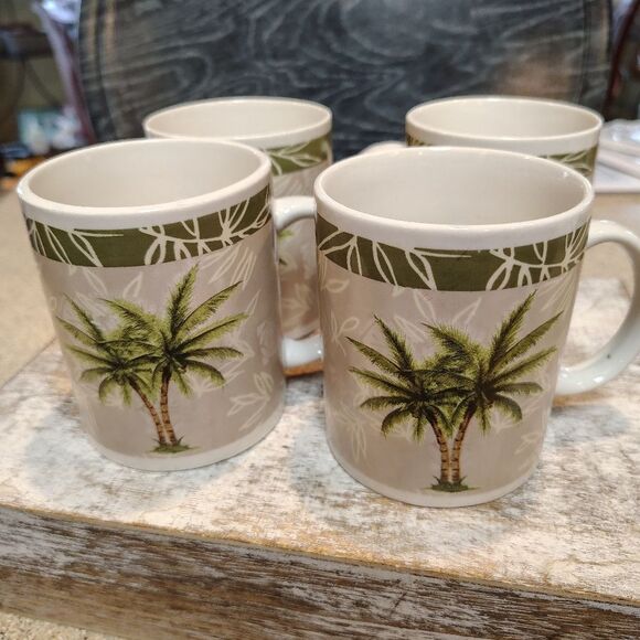 Palm Tree Ceramic Mug Set - Green and Cream - Picture 1 of 4